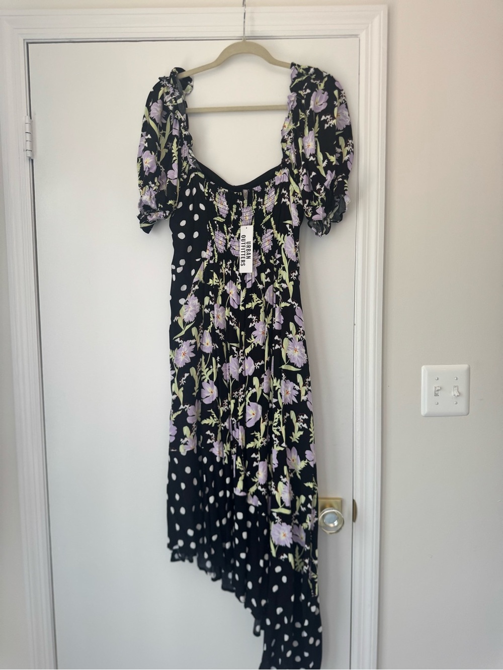 Urban Outfitters Black Floral & Polka Dot Asymmetrical Midi Dress
